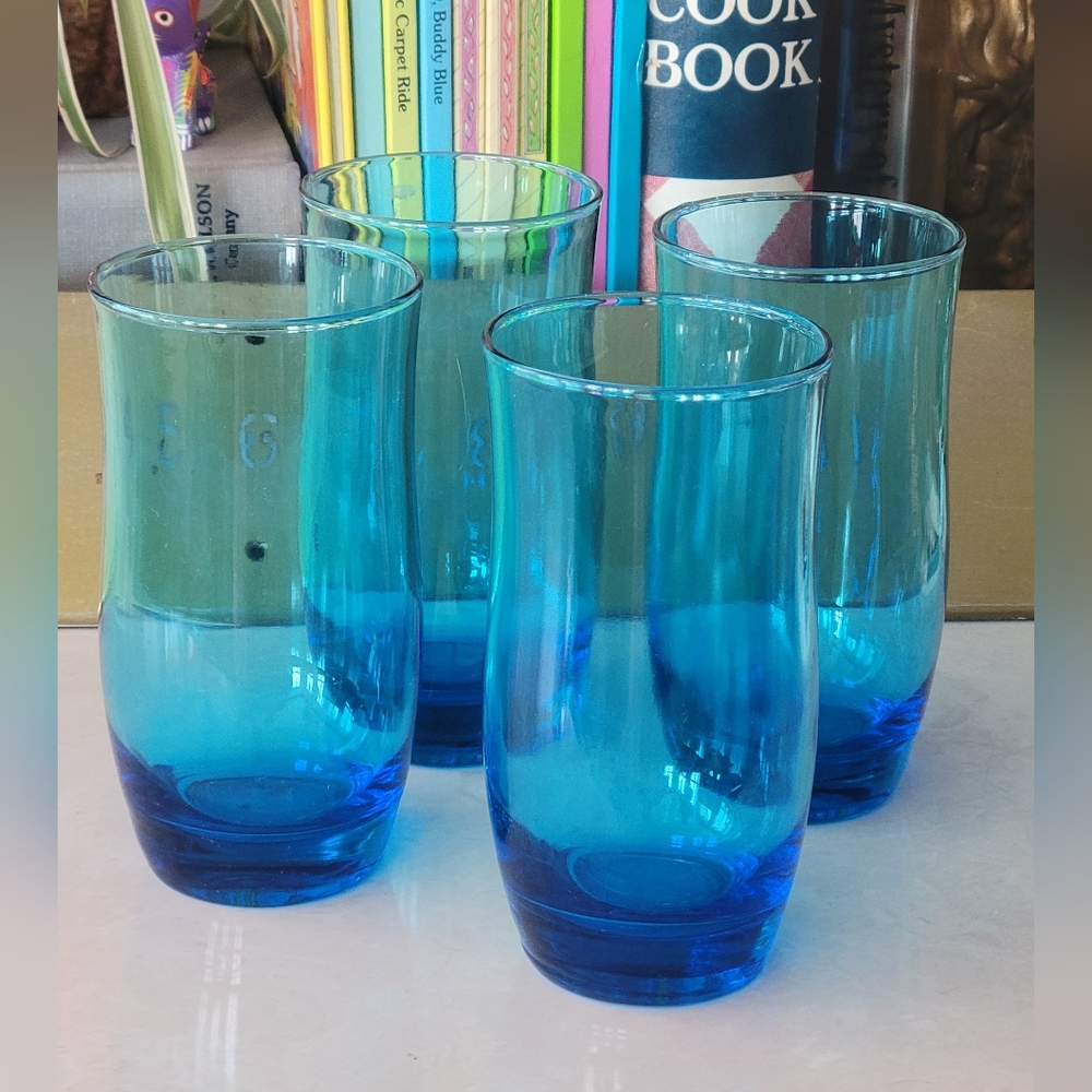 Set of 4 Vintage Anchor Hocking Flair Blue Laser Drinking Glasses